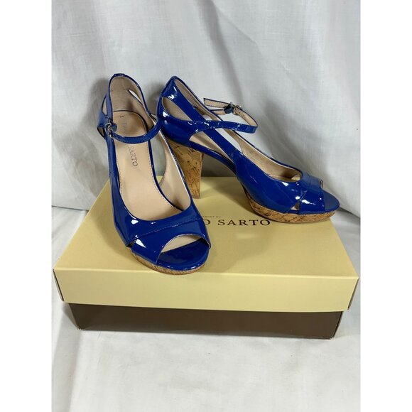 Franco Sarto Shoes - Franco Sarto Sulu Blue Patent Peep Toe Cork Heels Ankle Strap Shoes Women 8